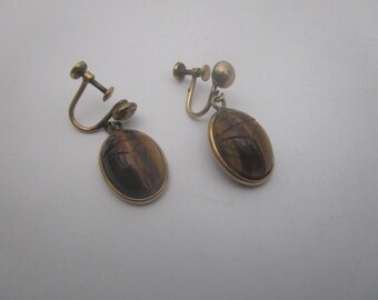Antique Gold Filled & Tiger Eye Scarab Dangle Screw Back Earrings