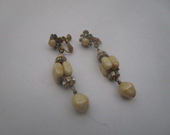 Vintage Designer Miriam Haskell Fancy Long Dangle Clip on Earrings Glass & Rhinestones