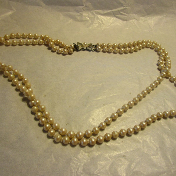 Antique Faux Pearl Double Strand Necklace with Fancy Rhinestone Clasp
