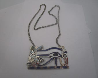 Large Eye of Horus Pendant enameled metal and chain