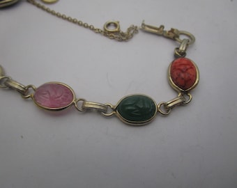 Vintage Designer Coro Multi Semi Precious Stone Scarab Bracelet