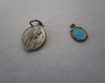Antique Miniature Catholic Lot of 2 Saint Medals One Sterling & Enameled