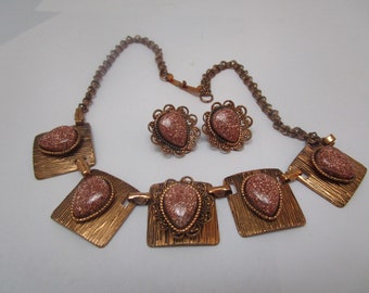 Retro Mid Century Solid Copper & Goldstone Necklace and Earring Set