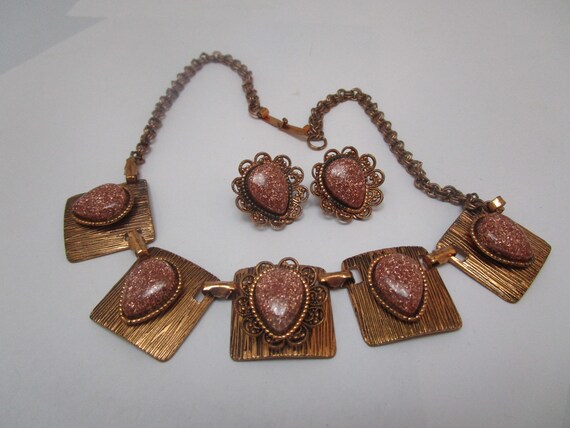 Retro Mid Century Solid Copper & Goldstone Neckla… - image 1