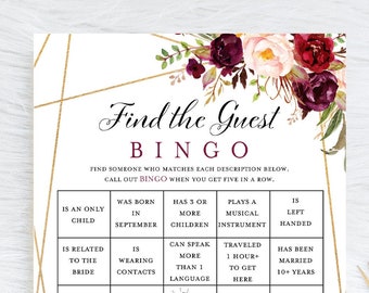 Find the Guest Bingo, Bridal Shower Bingo, Ice Breaker Game, Burgundy bridal shower, Burgundy Gold, Burgundy, bachelorette BS649 canva