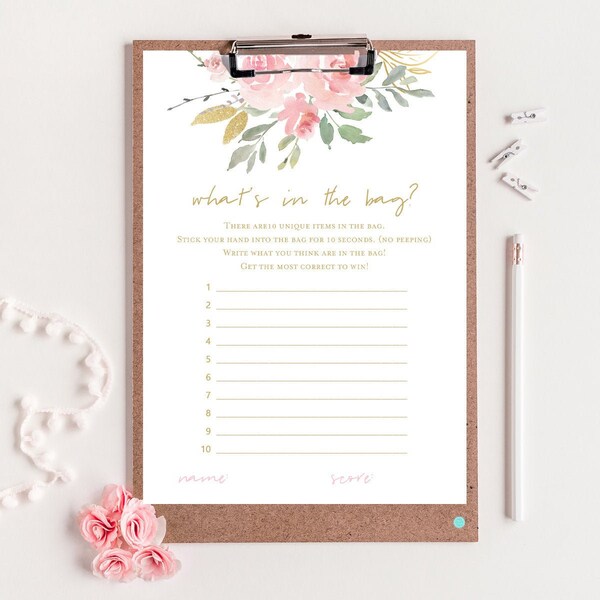 What's in the Bag Bridal Shower Game, Gold and Blush Pink Bridal Shower Game, Bridal Shower Games Instant Download BS685