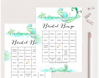 50 Prefilled Bridal Shower Bingo Cards, Bridal Shower Bingo, Instant Download, Printable Bridal Shower Game, Mermaid Bridal Bingo, BS446