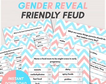 Könsavslöjande-tema fejdspel, utskrivbart babyshowerspel, babyshower-triviaspel, könsavslöjande-spel, utskrivbart familjefejd, TLC712E