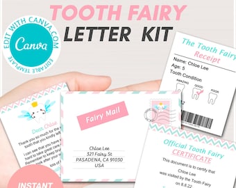 Editable Tooth Fairy Letter, Tooth Fairy Note, Tooth fairy Receipt, Mini Tooth Fairy Letter, Tooth Fairy Girl, Tooth Certificate BP713 canva
