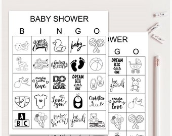 100x Bingo Baby Shower Cards, Printable Baby Shower bingo, Baby Shower Prize game, fun baby bingo, black and white, baby shower bingo bs701
