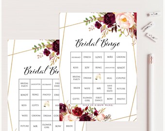 50 Prefilled Bridal Shower Bingo Cards, Bridal Shower Bingo, Instant Download, Printable Bridal Shower Game, Burgundy Bridal Bingo, BS649