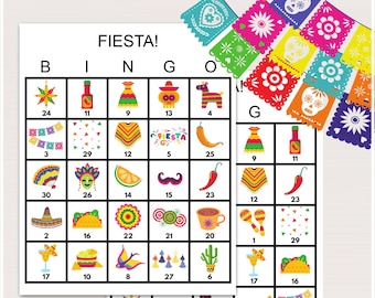May include: A printable Fiesta Bingo game with colorful illustrations of traditional Mexican party decorations, food, and drinks. The game board has a free space in the center and 24 other spaces with numbers 1-30.