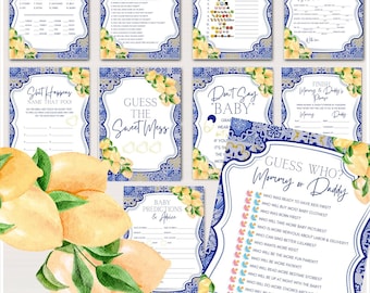 Over 40 Blue Tiles and Lemon Baby Shower Games Bundle, Lemons Baby Shower, Italian Baby Shower, Citrus Baby Shower Games Template, TLC745