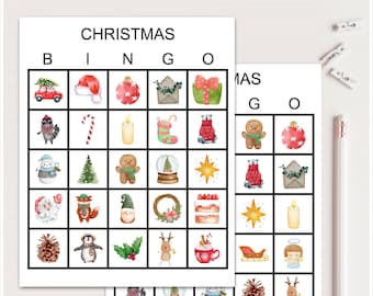 May include: Two Christmas Bingo game cards with festive watercolor illustrations. The cards feature a grid of holiday-themed images, including a red car, Santa Claus, and a gingerbread man. The word "CHRISTMAS" is printed at the top.