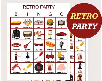 100x Retro Bingo Cards, Printable Retro Party bingo, 50's Party Bingo, Fun birthday games, Retro bingo game for birthday, bs701