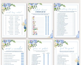 May include: A set of printable bridal shower games with blue and white floral designs. The games include "Would They Rather", "Over or Under", "Porn or Polish", "Wedding Shoe Game", "Bridal Shower Emoji Quiz", and "Find the Guest".