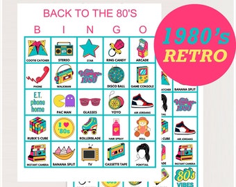 100x Retro 80's Bingo Cards, Printable 1980's Retro Party bingo, 80's Party Bingo, Fun birthday games, Retro bingo game for birthday, bs701