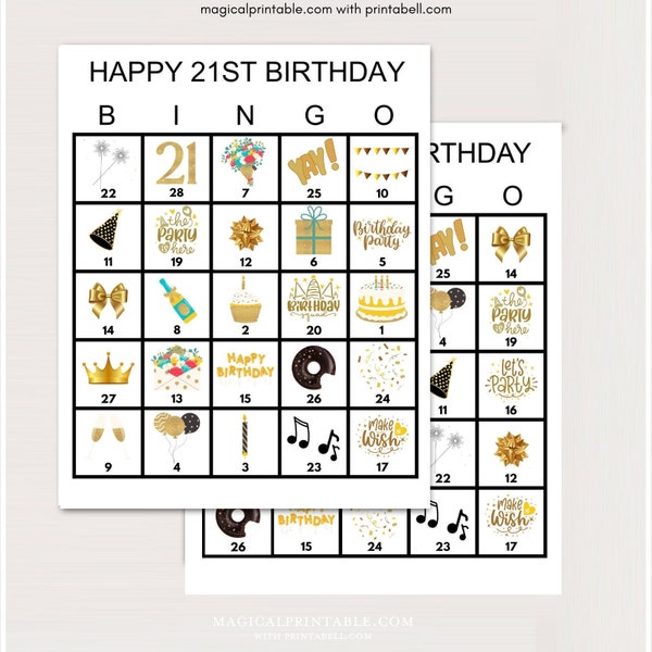 100x 21st Birthday Bingo Cards, Printable 21st Birthday bingo, Gold Birthday Party Bingo, Fun birthday games, bingo game for birthday, bs701