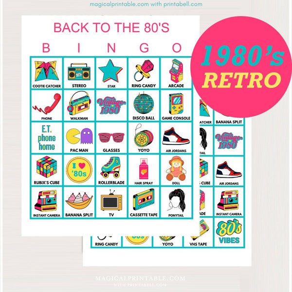 100x Retro 80's Bingo Cards, Printable 1980's Retro Party bingo, 80's Party Bingo, Fun birthday games, Retro bingo game for birthday, bs701