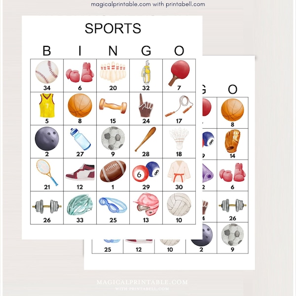 100x sportbingokaarten, afdrukbare sportverjaardag bingo, verjaardagsportfeestspel, sportverjaardag, babyshower met sportthema, bs701