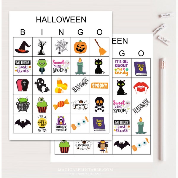 100 Tarjetas de Bingo de Halloween, Bingo de Halloween imprimible, Juego de fiesta de Halloween, Juegos divertidos de Halloween, juego de bingo para fiesta de Halloween, bs701