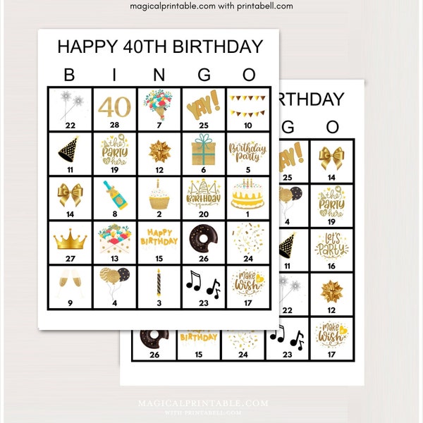 100x 40th Birthday Bingo Cards, Printable 40th Birthday bingo, Gold Birthday Party Bingo, Fun birthday games, bingo game for birthday, bs701