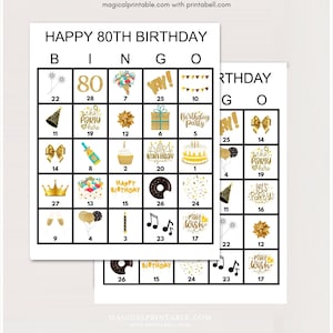 100x 80e verjaardag bingokaarten, afdrukbare 80e verjaardag bingo, gouden verjaardagsfeestje bingo, leuke verjaardagsspellen, bingospel voor verjaardag, bs701