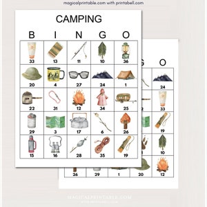 100x Camping Bingo Karten, Camping Party Bingo, Camping Geburtstag Spiel, Fun Camping Spiele, Bingo Spiel für Camping Party, Outdoor Bingo bs701
