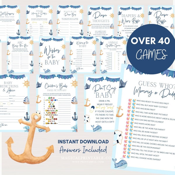Over 40 Nautical Baby Shower Games Bundle, Printable Nautical Baby Shower Games, Beach Baby Shower Package, Instant Download, TLC740