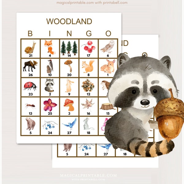 100x Woodland Bingo Cards, Printable Woodland Birthday bingo, Woodland Baby Shower Game, Woodland birthday games, Woodland Bingo, bs701