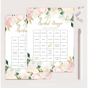 50 tarjetas de bingo de despedida de soltera precargadas, bingo de despedida de soltera, descarga instantánea, juego de despedida de soltera imprimible, bingo de rubor y oro, BS530z