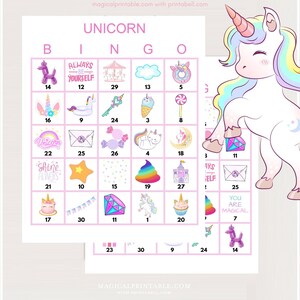 100 Pink Unicorn Bingokaarten, afdrukbare verjaardag bingo, Birthday Girl Party Game, leuke eenhoorn verjaardagsspellen, bingospel voor verjaardag, bs701