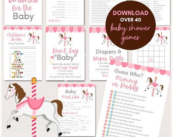 Pink Carousel Baby Shower Games Bundle, Carousel themed Baby Shower, Carnival Baby Shower, Girl Carousel Horse Baby Shower Games, TLC763