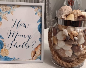 How many shells in jar, guess how many shells, how many Seashell game, how many are in the jar, Bridal Shower Games Printable BS520 TLC520