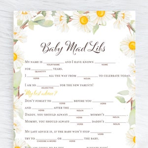 May include: A printable baby shower game card with a floral design featuring white daisies and green leaves. The card has the title "Baby Mad Libs" and includes a fill-in-the-blank game with prompts for adjectives, verbs, and nouns.