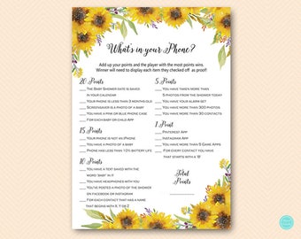 Summer Sunflower Baby Shower Games, whats in your phone game, whats in your phone baby Shower, whats in your phone Baby Shower Games TLC537