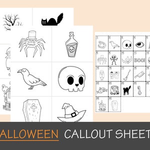 Pu&ograve; includere: Fogli di chiamata di Halloween stampabili in bianco e nero con 20 diverse immagini di Halloween. Le immagini includono un ragno, un teschio, un cappello da strega, un fantasma, un gatto, un calderone, un corvo, una bara, una bottiglia di pozione, uno scheletro, una zucca, una casa infestata, un pipistrello, una canna di zucchero, una chiave, una ragnatela, una scopa, un coltello, una lapide e un paio di zanne.