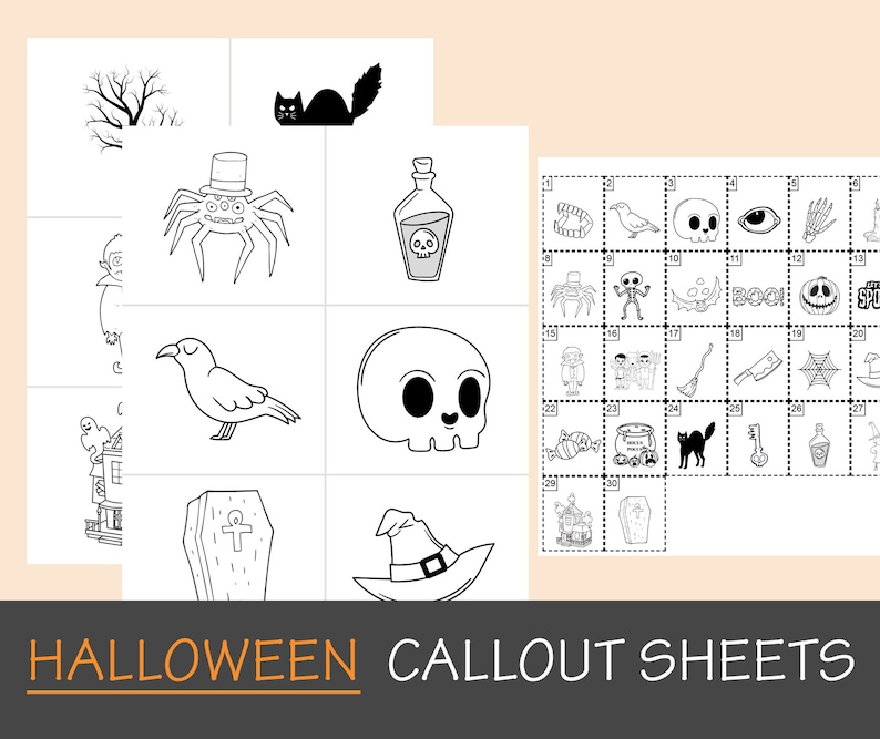 Pu&ograve; includere: Fogli di chiamata di Halloween stampabili in bianco e nero con 20 diverse immagini di Halloween. Le immagini includono un ragno, un teschio, un cappello da strega, un fantasma, un gatto, un calderone, un corvo, una bara, una bottiglia di pozione, uno scheletro, una zucca, una casa infestata, un pipistrello, una canna di zucchero, una chiave, una ragnatela, una scopa, un coltello, una lapide e un paio di zanne.