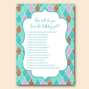 Mermaid Birthday Party Games, Who knows the Birthday Girl Best, How well do you know the birthday girl, Instant Download BP516
