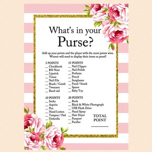 what&#39;s in your purse, purse game, purse raid, purse hunt, purse, Pink parisian baby shower games Printables, Instant download TLC50