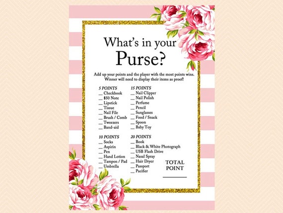 what's in your purse, purse game, purse raid, purse hunt, purse, Pink parisian baby shower games Printables, Instant download TLC50 Il_570xn