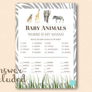 African Wild Theme, Name the baby animal game, Baby Shower Baby Animal, Jungle Safari Baby Animal Shower Game, Baby Shower Games, TLC674