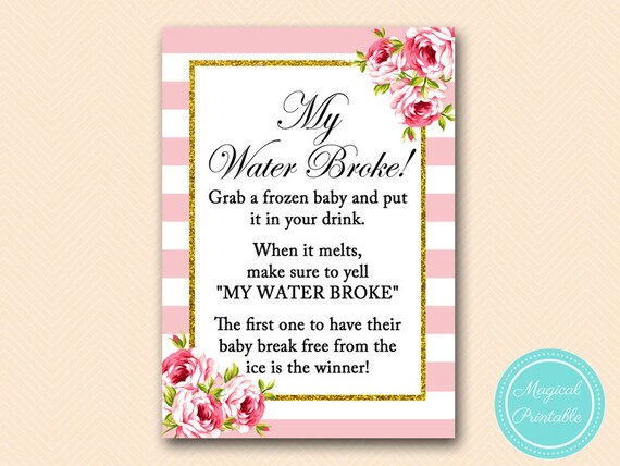 my water broke, frozen baby game, ice cube baby game, sign, melt baby, Pink chic baby shower games Printables, Instant download TLC50 Il_570xn