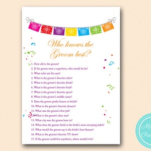 Who knows the groom best, how well do you know groom, Fiesta Bridal Shower Game, Luau Bridal Shower Game, Bachelorette, Wedding Shower BS136