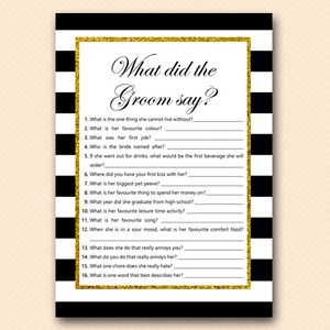 What did the Groom Say, What did he say about her, Newlywed Game, Black and Gold Bridal Shower, Gold Bachelorette Game, Gold BS61 BS442