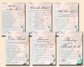 May include: A set of printable bridal shower games with a marble and rose gold design. The games include "Who Knows the Bride Best?", "Would She Rather?", "Where Were They?", "Over or Under", "Take a Guess... What's in the Bag?", and "Advice for the Bride-to-be".
