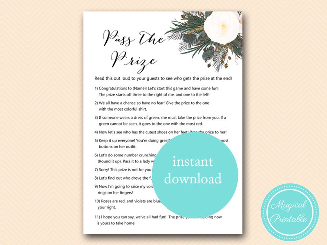 Pass the Prize, Pass the Parcel Game, Poem, White Flower Bridal Shower Game, White Floral