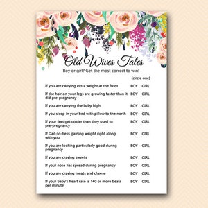 Old Wives Tales, Baby shower old wives tales, Gender prediction game, Pink Blush Baby Shower Game, Pink Floral Baby Shower Activities TLC436