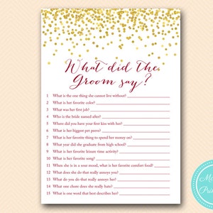 What did the Groom Say, What did he say about her, The Newlywed Game, Burgundy Bridal Shower, Bachelorette, Wedding Shower BS400