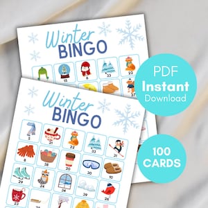 Winter Bingo, 100 druckbare Winter Bingokarten, Download, Winteraktivität für Kinder, Kinder Winterparty, Winter Klassenzimmer Aktivität, bs701 3b